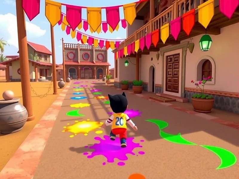 Color Splash Dash gameplay showing a character splashing colors on festival decorations in an Indian village
