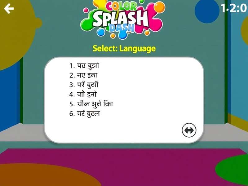 Color Splash Dash language selection screen showing various Indian language options